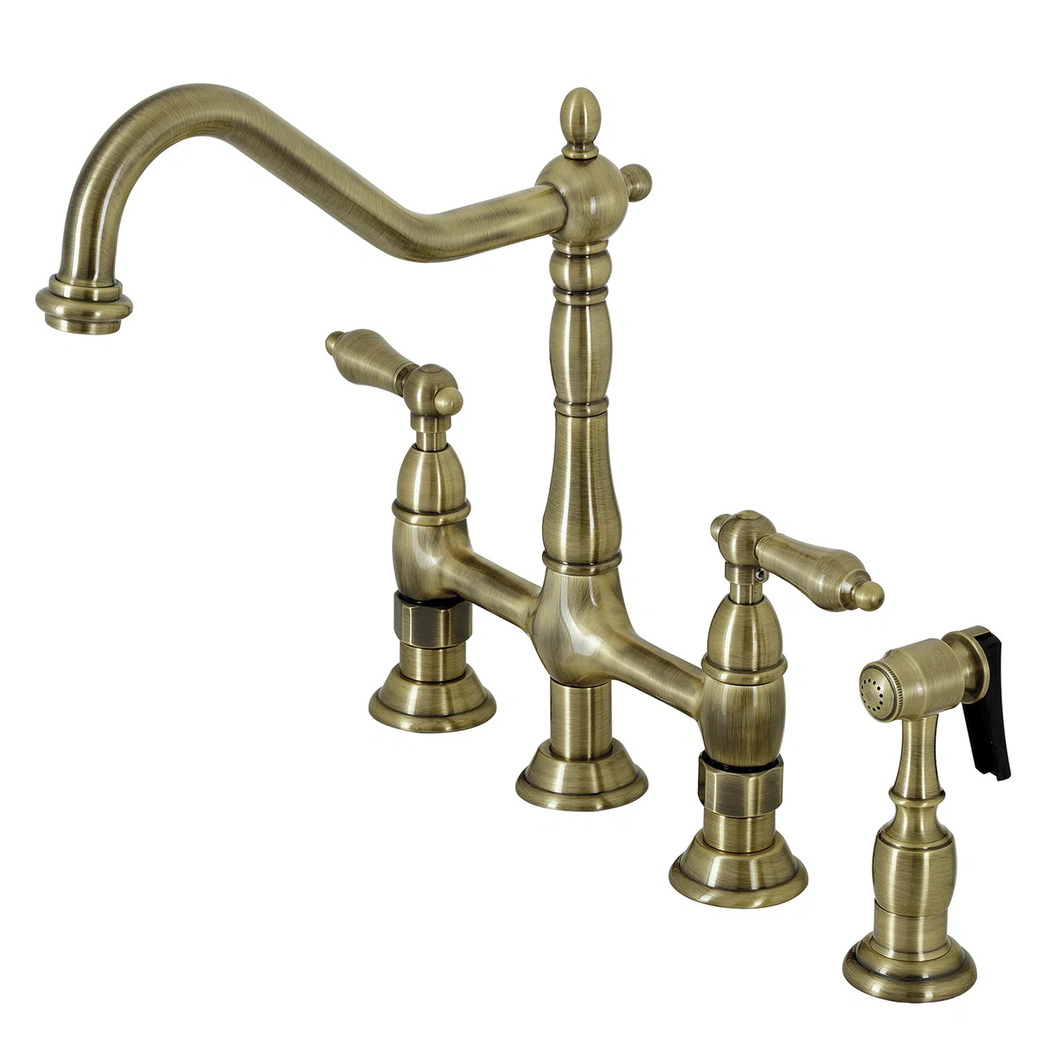 Kingston Brass Heritage Two-Handle 4-Hole Deck Mount Bridge Kitchen Faucet with Brass Side Sprayer KS1273ALBS | Wayfair North America
