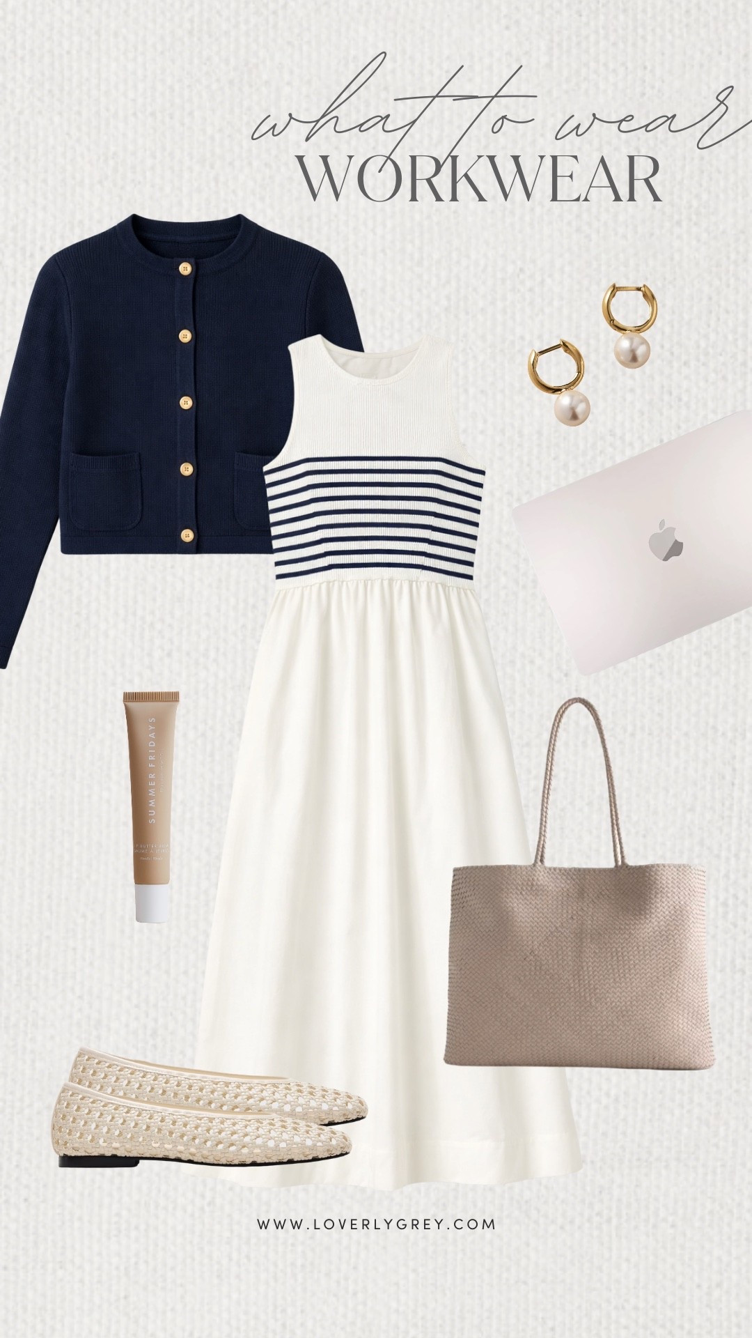 Loverly Grey, what to wear to work! A simple dress paired with a matching navy cardigan is a great workwear look! Style it with a quince tote, a pair of cute flats, and some earrings to complete the look. Loverly Grey, what to wear, workwear

#LTKgrwm #LTKootd #LTKSeasonal