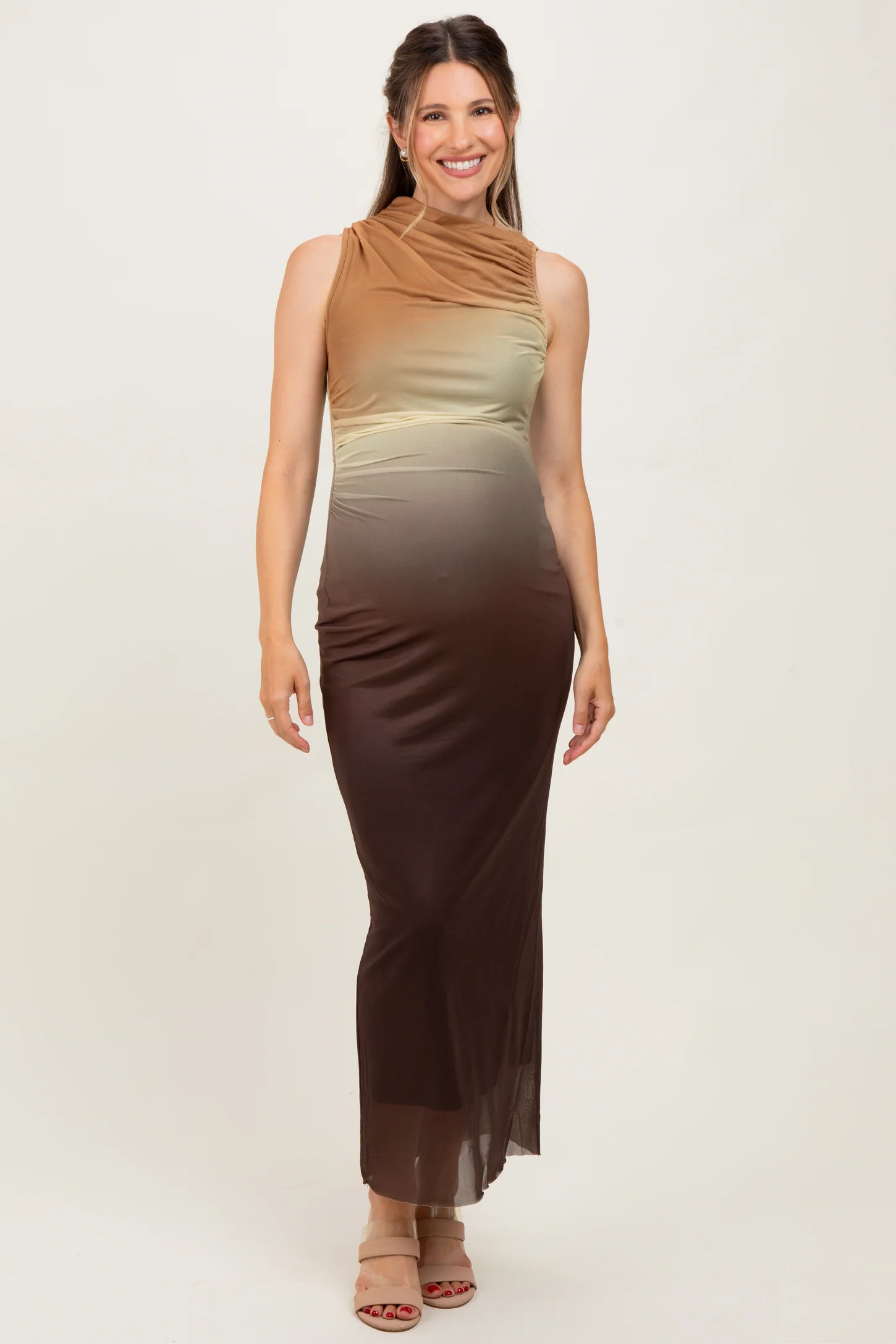 Forest Green Ombre Mesh Ruched Sleeveless Maternity Midi Dress | PinkBlush Maternity
