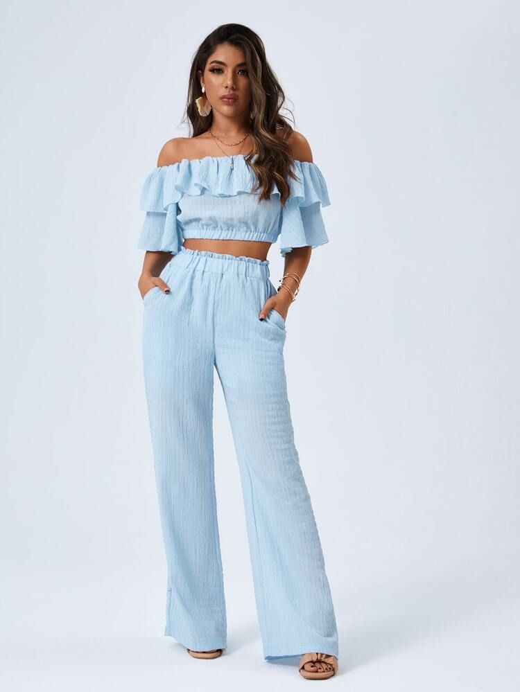 Off Shoulder Crop Top & Paperbag Waist Flare Leg Pants Set | SHEIN