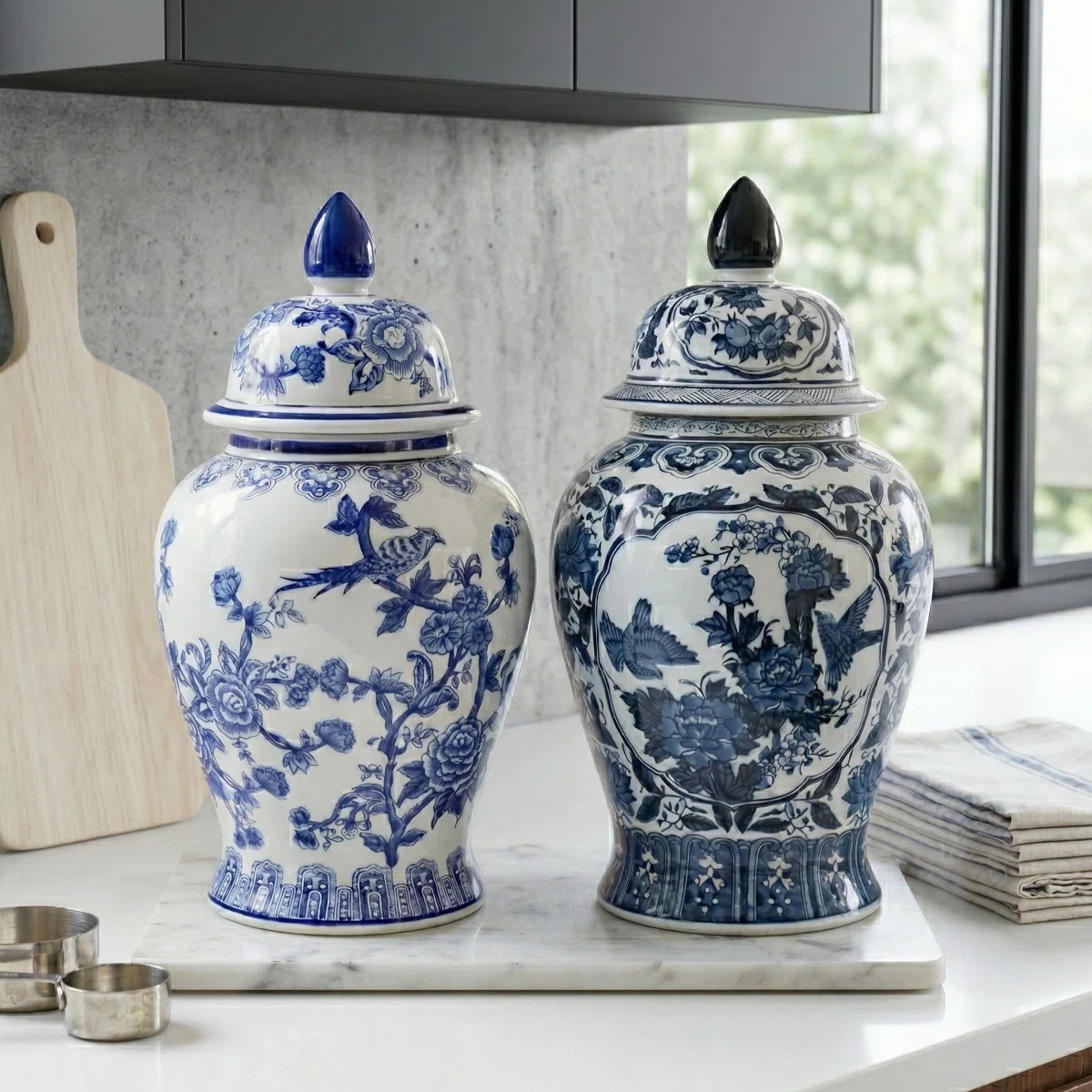 Set of 2 Ceramic Jars With Lids for Home Decor - Blue and White Tall Storage Accent Table Jars fo... | Wayfair North America