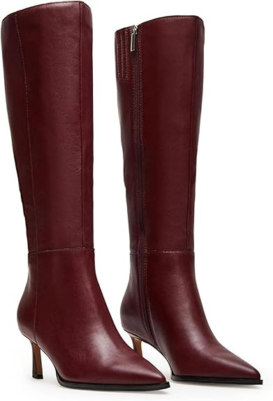 Women's Burgundy Knee high Boots Kitten Heel High Boots Pointed Toe Wide Calf Tall Boots Wedding ... | Amazon (US)