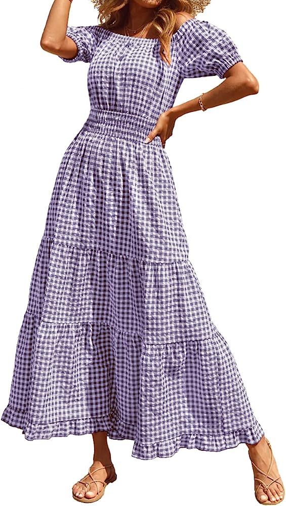 BTFBM Women Casual Short Sleeve Plaid Maxi Dresses Off Shoulder Vintage Dress Square Neck Gingham Be | Amazon (US)