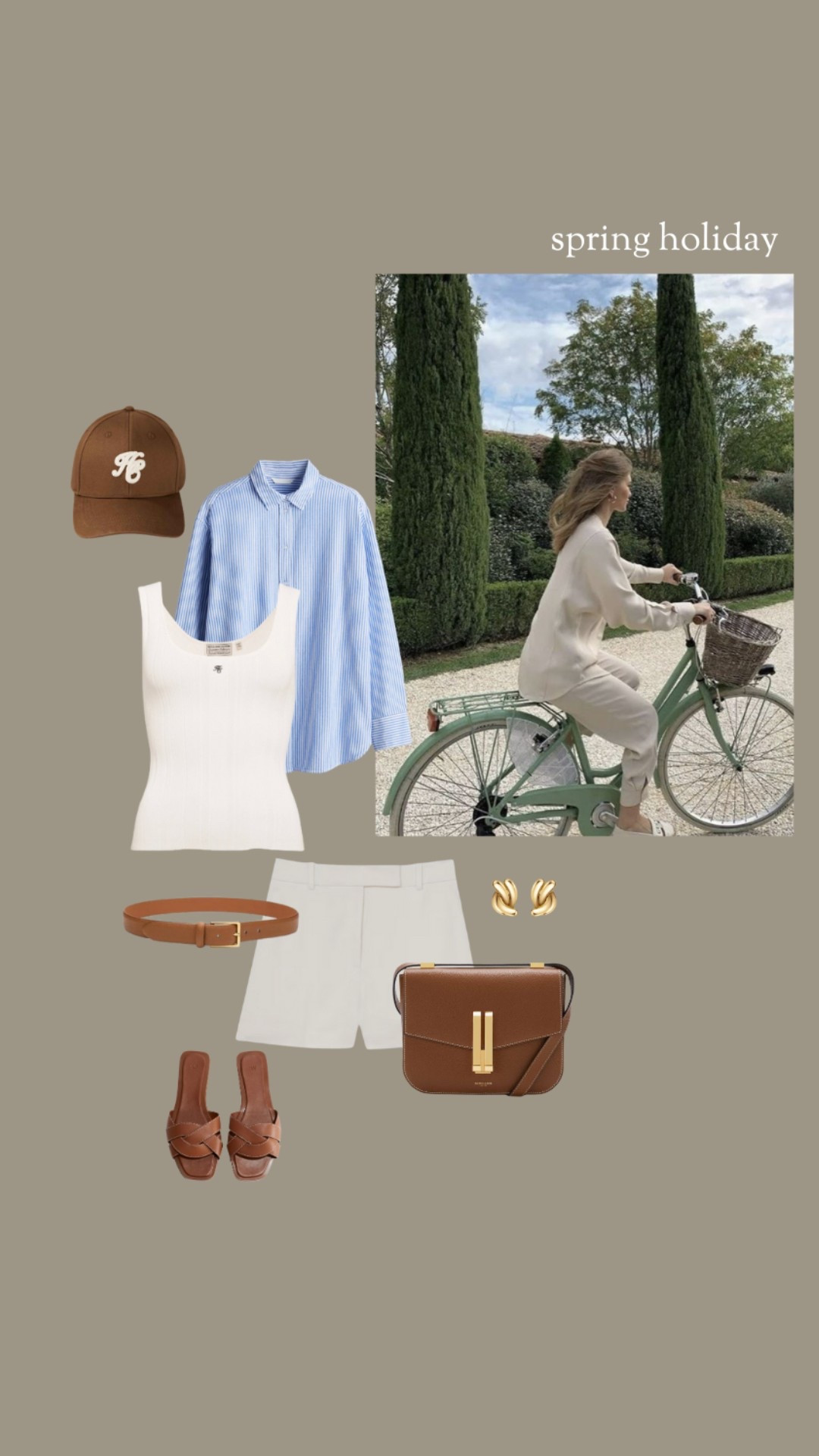 Spring holiday outfit idea: white shorts, blue shirt, tank top, cap, tan bag and tan sandals 

#LTKspring #LTKsummer #LTKstyletip