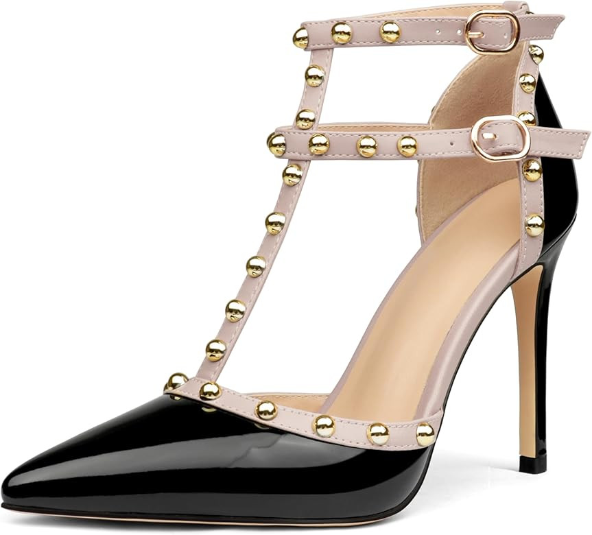 Comfity Ankle Strap Heels for Women Golden Round Rivets Ankle T-Strap Pumps Strappy Dress Wedding... | Amazon (US)