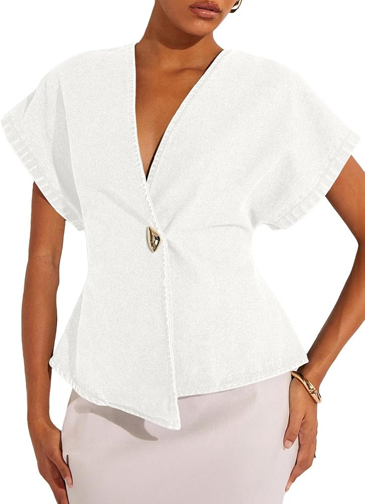 EVALESS Womens Short Sleeve Button Down Denim Shirts Tops | Amazon (US)
