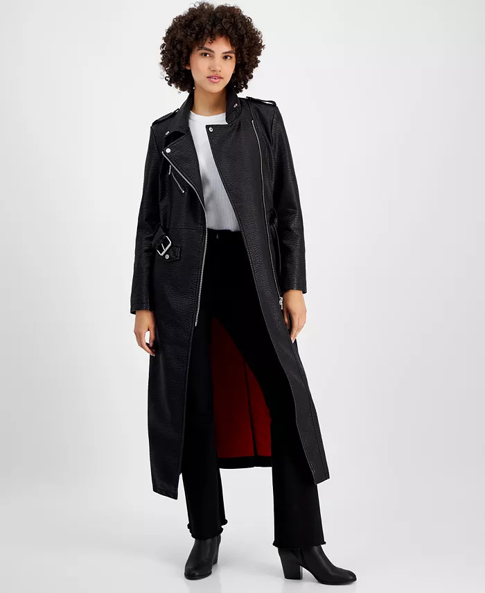 Women's Faux-Leather Longline Moto Coat | Macy's