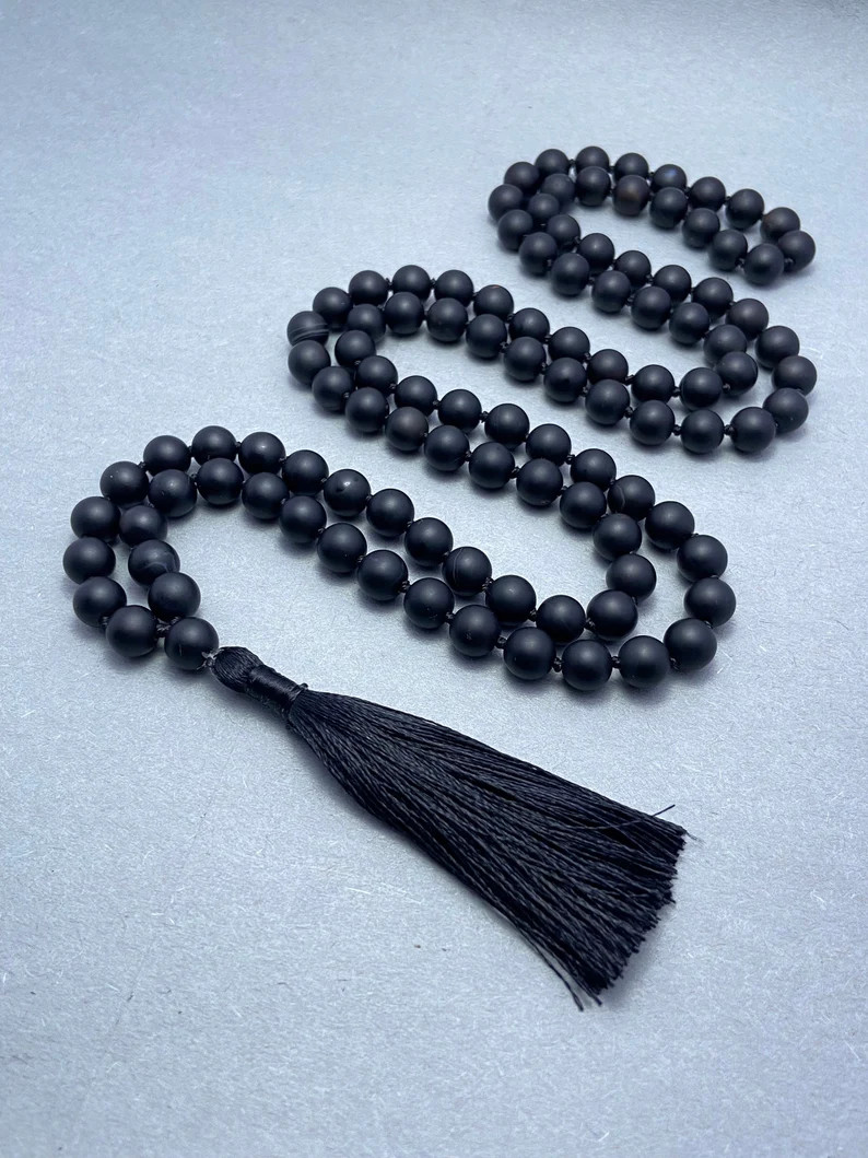 Matte Black Onyx Mala, Prayer Necklace, Tibetan Mala, Knotted Mala, Black Onyx Necklace, 8mm Bead... | Etsy (US)