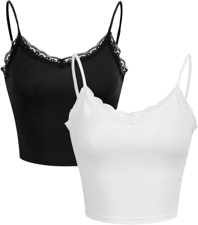 Floerns Women's 2 Pcs Basic Solid Spaghetti Strap Lace Trim Crop Cami Top | Amazon (US)