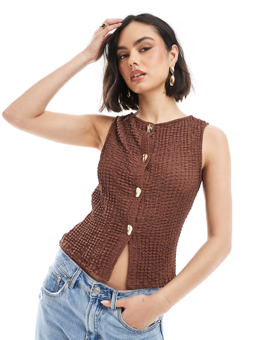 ASOS DESIGN textured button up top with gold hardware buttons in brown | ASOS (Global)