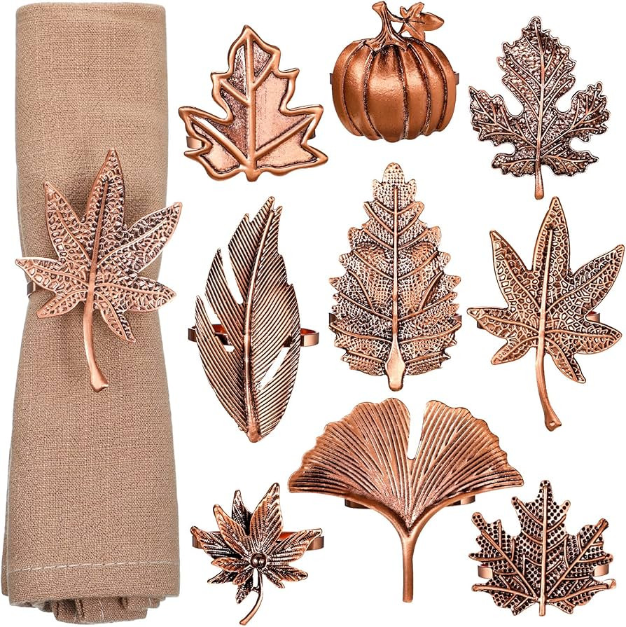 Remerry 9 Pcs Thanksgiving Napkin Rings Set Fall Autumn Leaf Pumpkin Metal Vintage Alloy Napkin B... | Amazon (US)