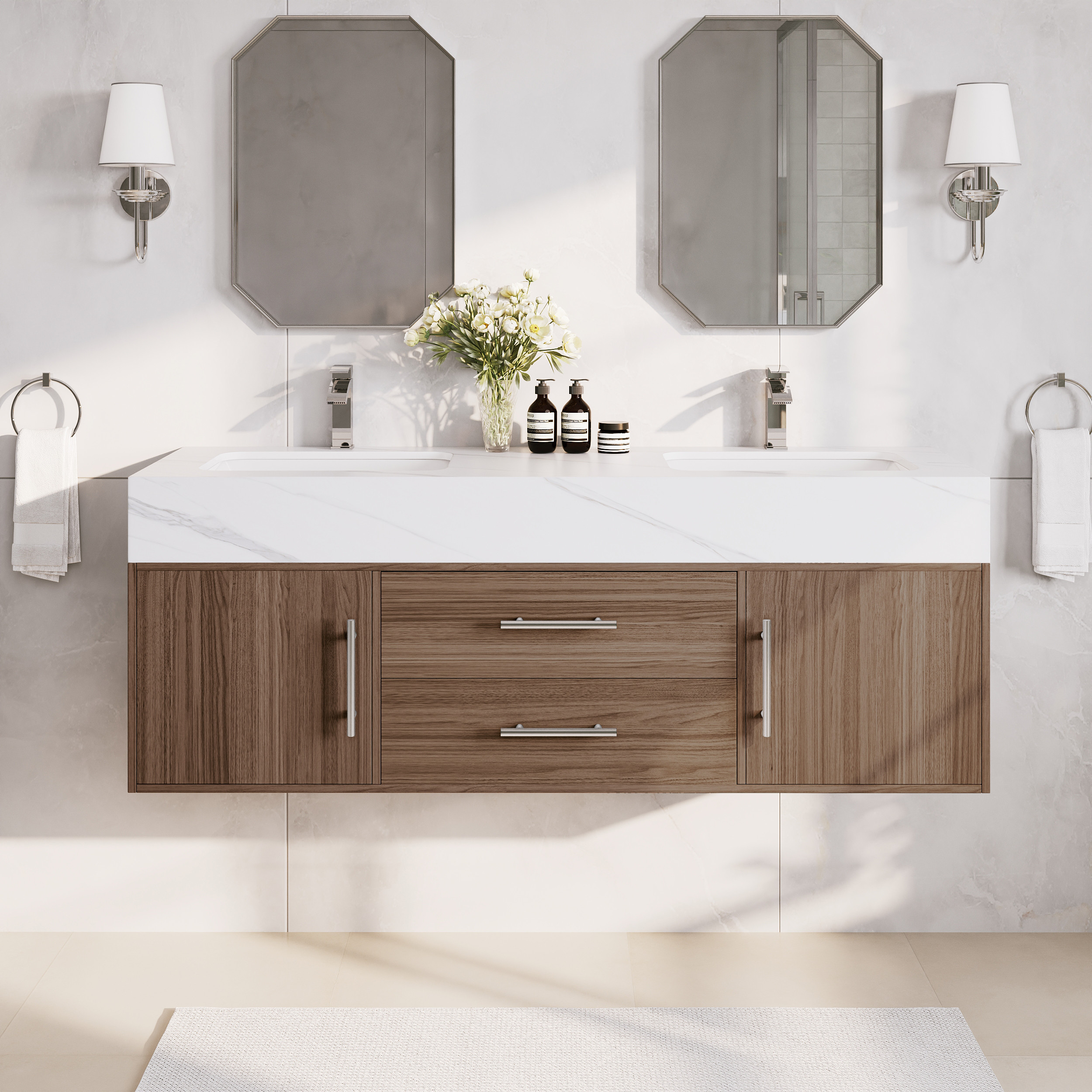 59"" Double Sink Bathroom Vanity with Silver Handles – Walnut Modern Floating Vanity | Homary