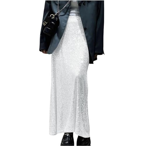 JUMISEE Women’s Silver Sequin Midi Skirt Stretchy High Waist Long Skirt Glitter Pencil Skirt with Back Slit | Amazon (US)