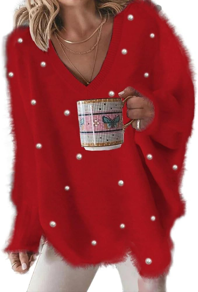 Chvity Women’s Pearl-Embellished V-Neck Sweater, Oversized Long Sleeve Knit Pullover | Amazon (US)