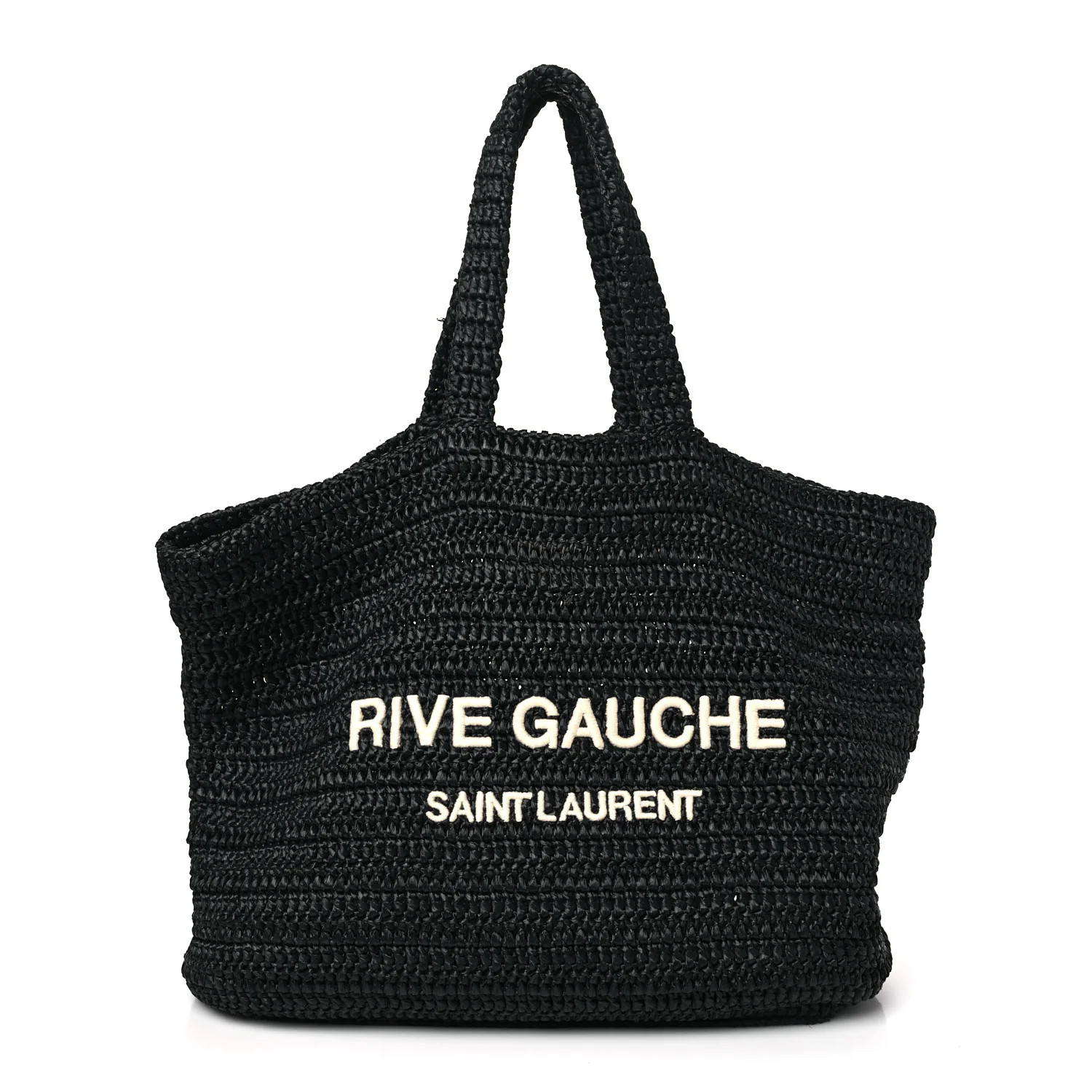 SAINT LAURENT Raffia Rive Gauche Tote Black | FASHIONPHILE (US)