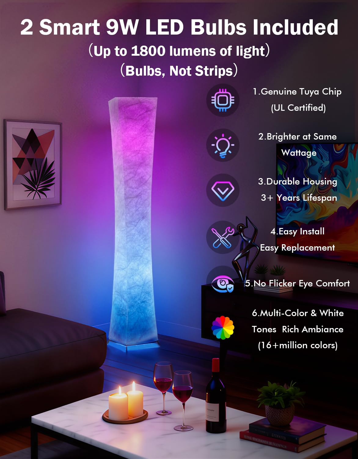 LEONC RGB+CCT Floor Lamp with Remote, 1800lm LED Tuya Smart 9W×2 Bulbs, 65" Smart Modern Floor L... | Amazon (US)