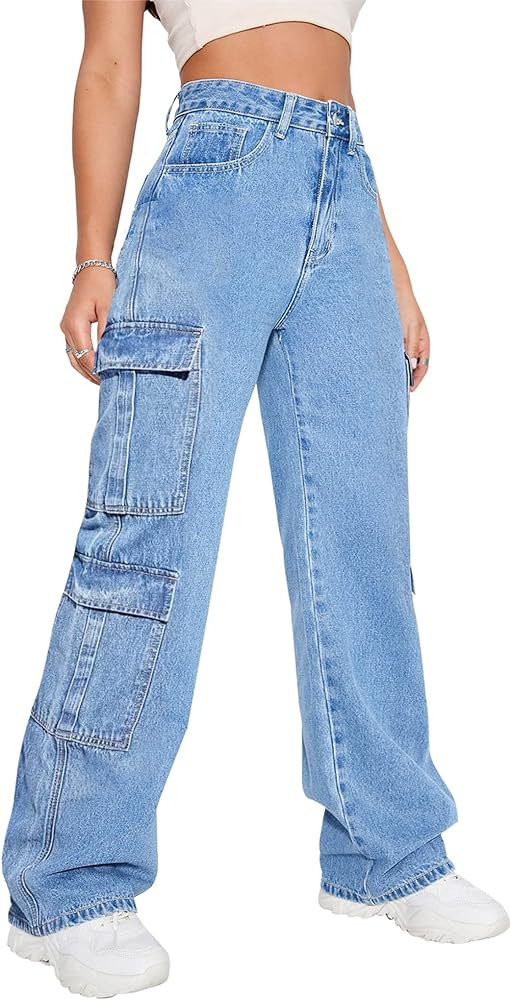 Women's High Waist Cargo Jeans Flap Pocket Baggy Cargo Pants Y2K Wide Leg Denim Jeans Y2K Streetw... | Amazon (US)