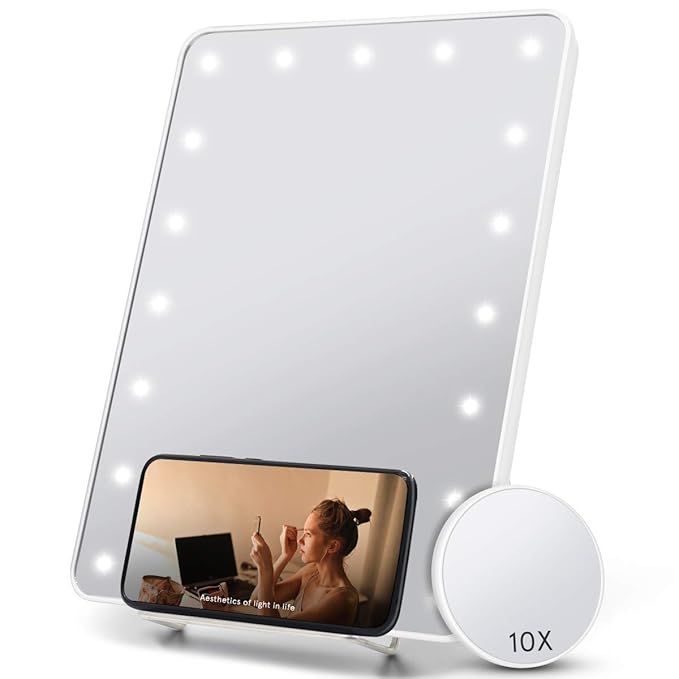 Makeup Vanity Mirror with Light and Phone Holder, Lighted Makeup Mirror with 20 LED Light and 10X... | Amazon (US)