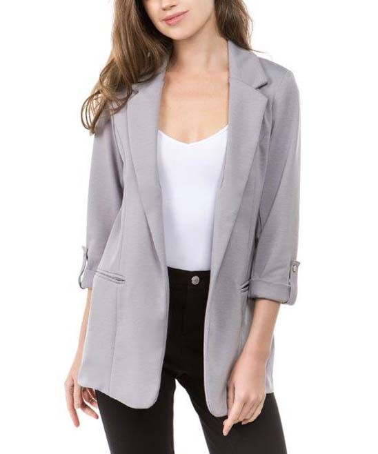 26 international Women's Non-Denim Casual Jackets SILVER - Silver Roll-Tab Sleeve Longline Blazer -  | Zulily