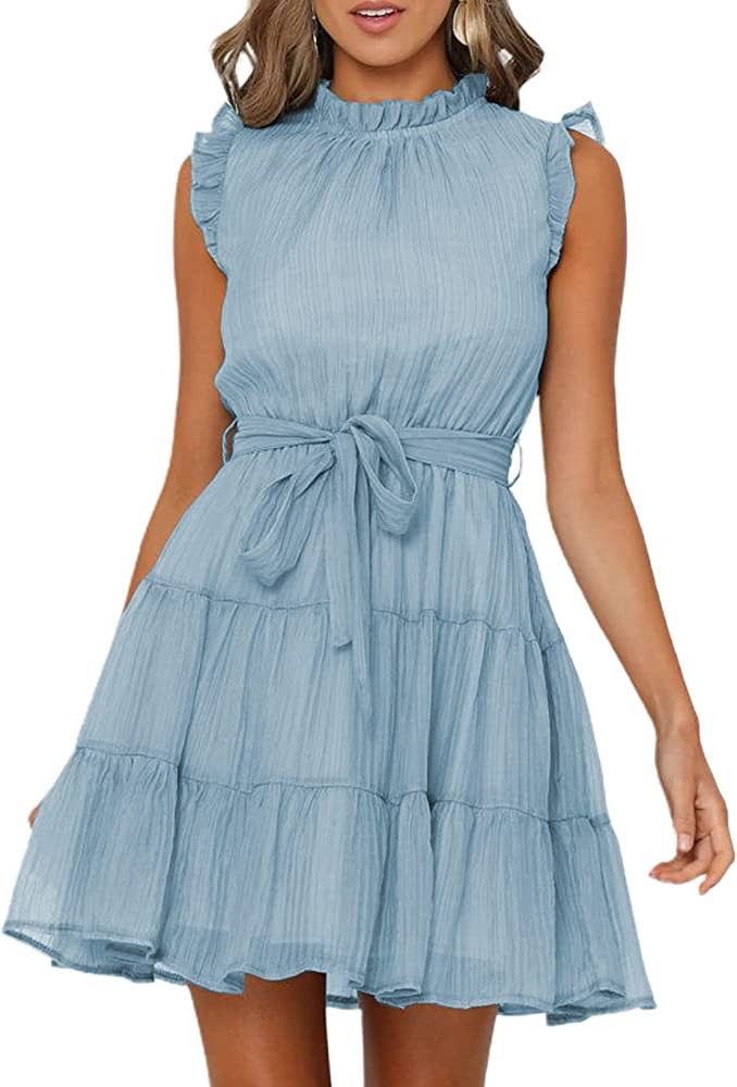 FARYSAYS Women's 2023 Summer Sleeveless Ruffle Waist Tie Casual Tiered Mini Swing Dress | Amazon (US)