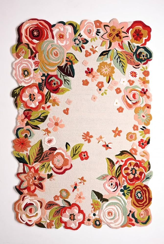 Handmade Colorful Roses Floral Wool Area Rug | Irregular Shape, Blossom & Vibrant Multi-Colored G... | Amazon (US)