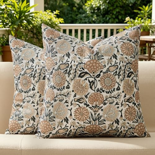 Outdoor Pillow Covers 18x18 Set of 2 Vintage Light Brown Floral Block Print Pillow Cover Neutral ... | Amazon (US)