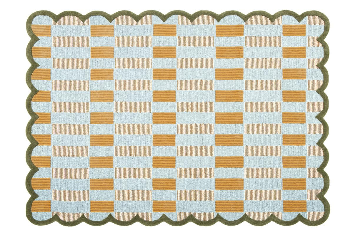 Checkered Hand-Tufted 100% Wool Area Rug - 6x8 Ft, Rectangular Light Blue Base with Mustard and B... | Amazon (US)