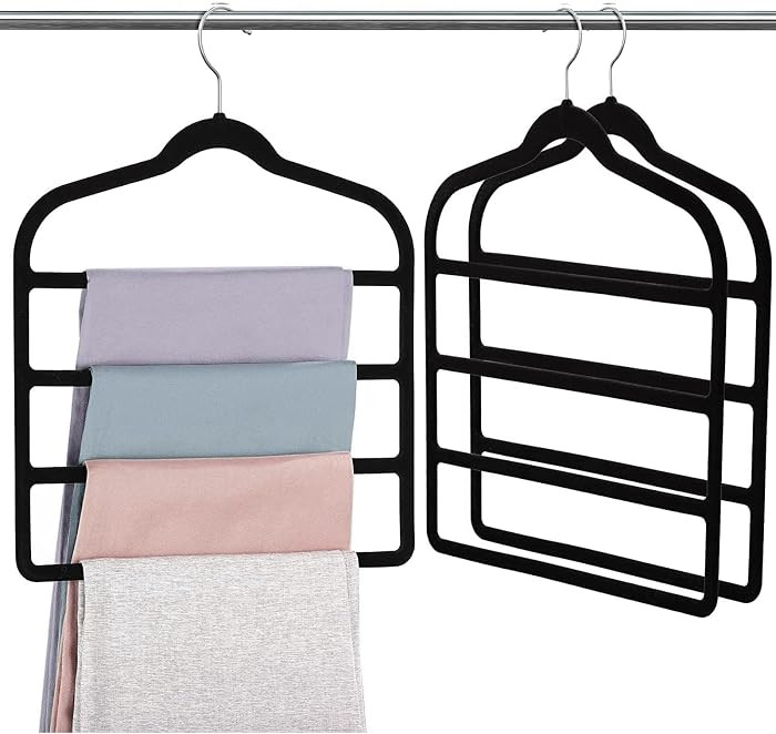 3 Pack Velvet Trouser Hangers - 4-Layer Space Saving, Non Slip for Jeans, Trousers, Leggings, Tie, Scarf and Towel - Multi Layer Pants Hanger for Clothes - Small Wardrobe Friendly | Amazon (UK)