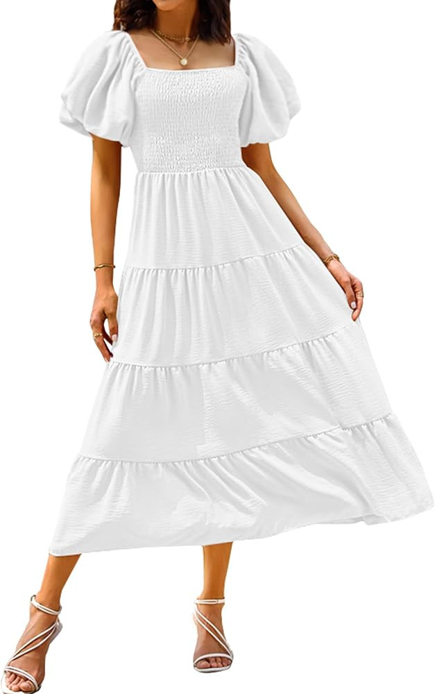 Women's 2024 Summer Dresses Square Neck Puff Short Sleeve Casual High Waist Flowy A Line Smocked ... | Amazon (US)
