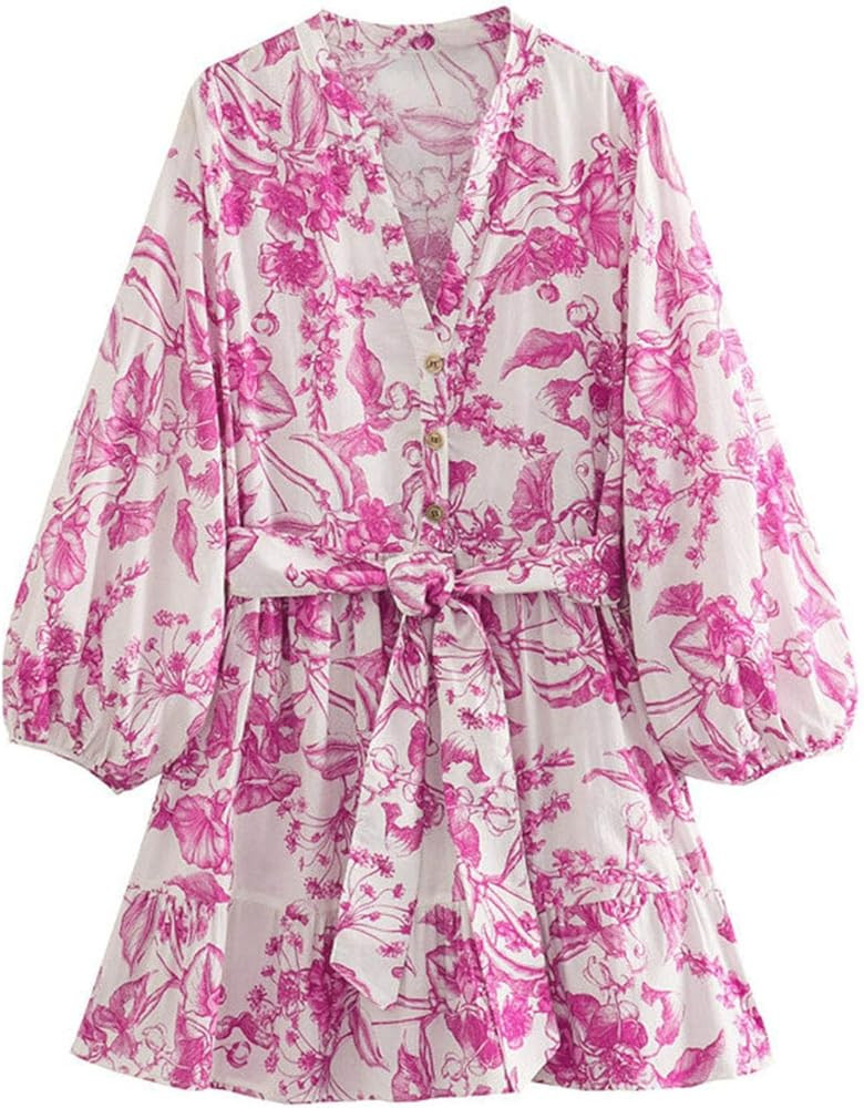CHICWISH Women Floral Print Long Lantern Sleeves Mini Dress V Neck Button Summer Beach Vacation F... | Amazon (US)