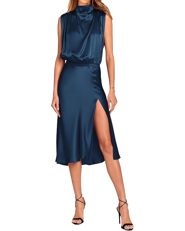 PRETTYGARDEN Women Summer Formal Mock Neck Sleeveless Satin Dress Elastic Waist Slit Midi Wedding... | Amazon (US)