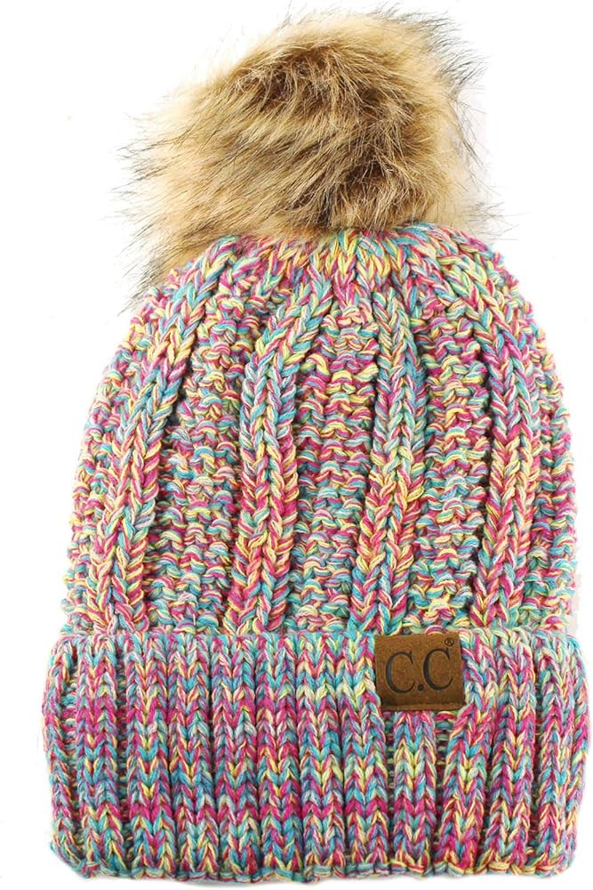 C.C Winter Sherpa Fleeced Lined Chunky Knit Stretch Pom Pom Beanie Hat Cap (Mix Rainbow) | Amazon (US)