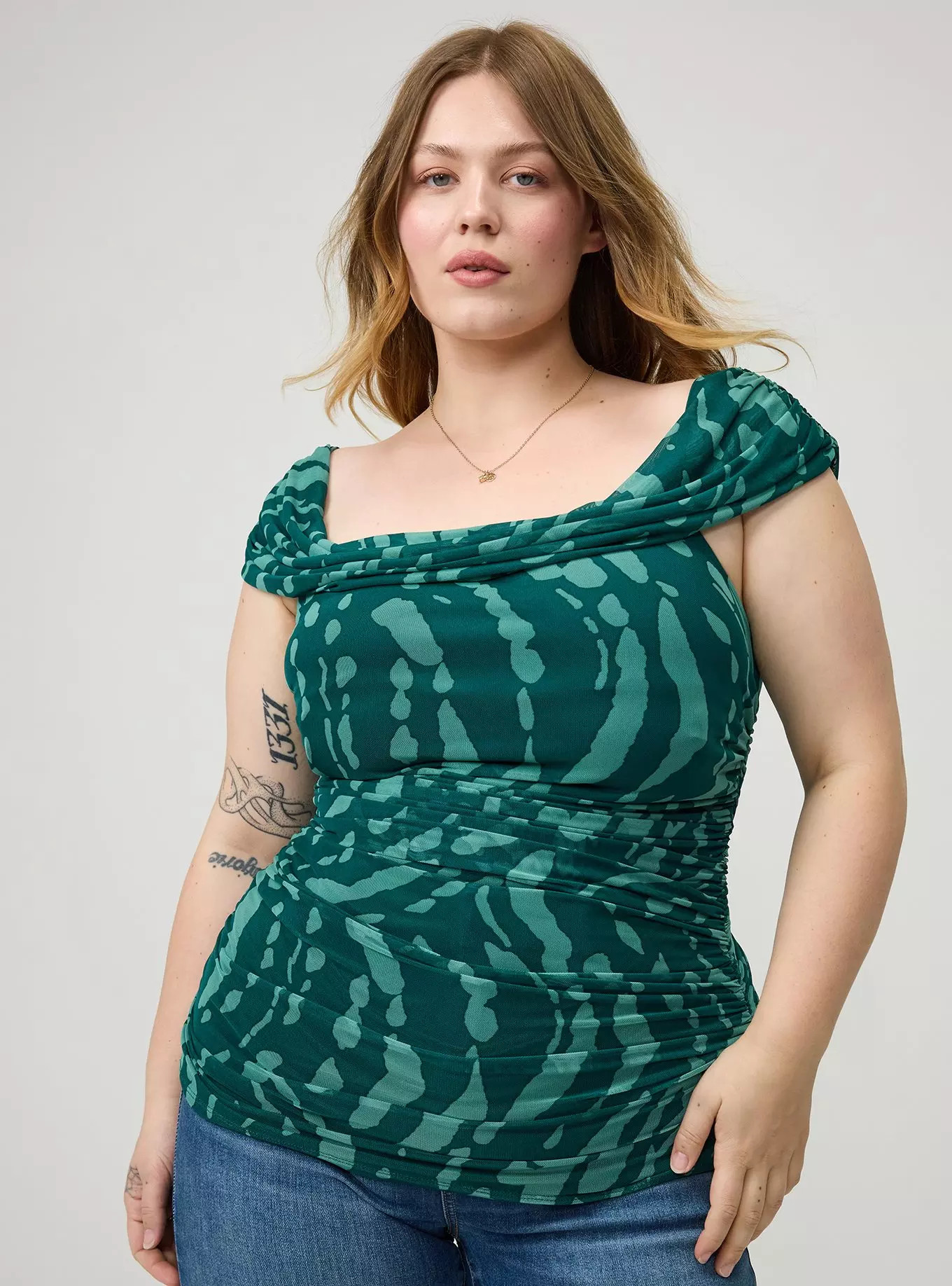 Shirred Mesh Off-Shoulder Top | Torrid (US & Canada)
