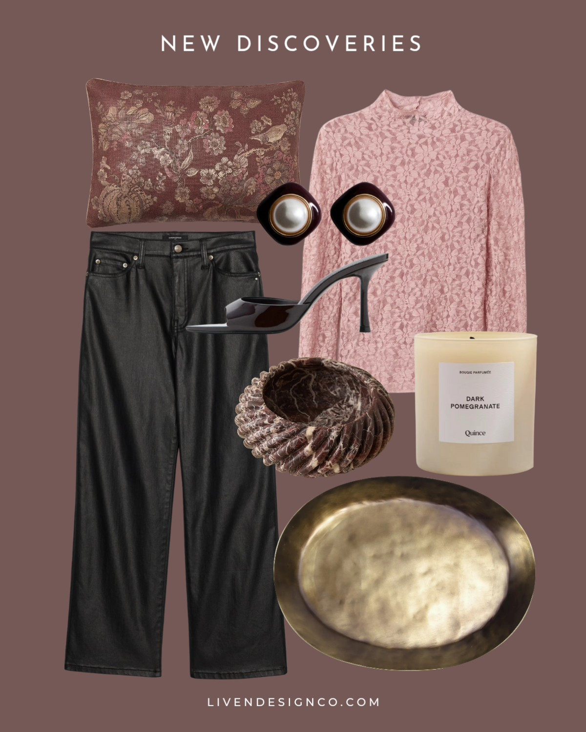 Throw pillows. Lace top. Leather pants. Mango. Earrings. Quince candle. Brass tray. Marble dish. Patent leather heels

#LTKCyberWeek #LTKHoliday #LTKSaleAlert