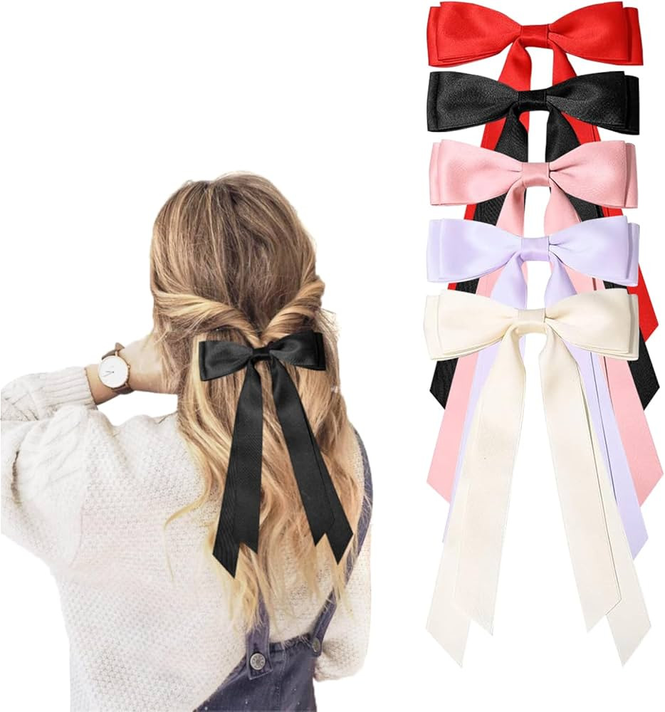 5PC Silky Satin Hair Bows Hair Clip Ribbon Ponytail Holder Accessories,Black Bow Hair Clip,Hair B... | Amazon (UK)