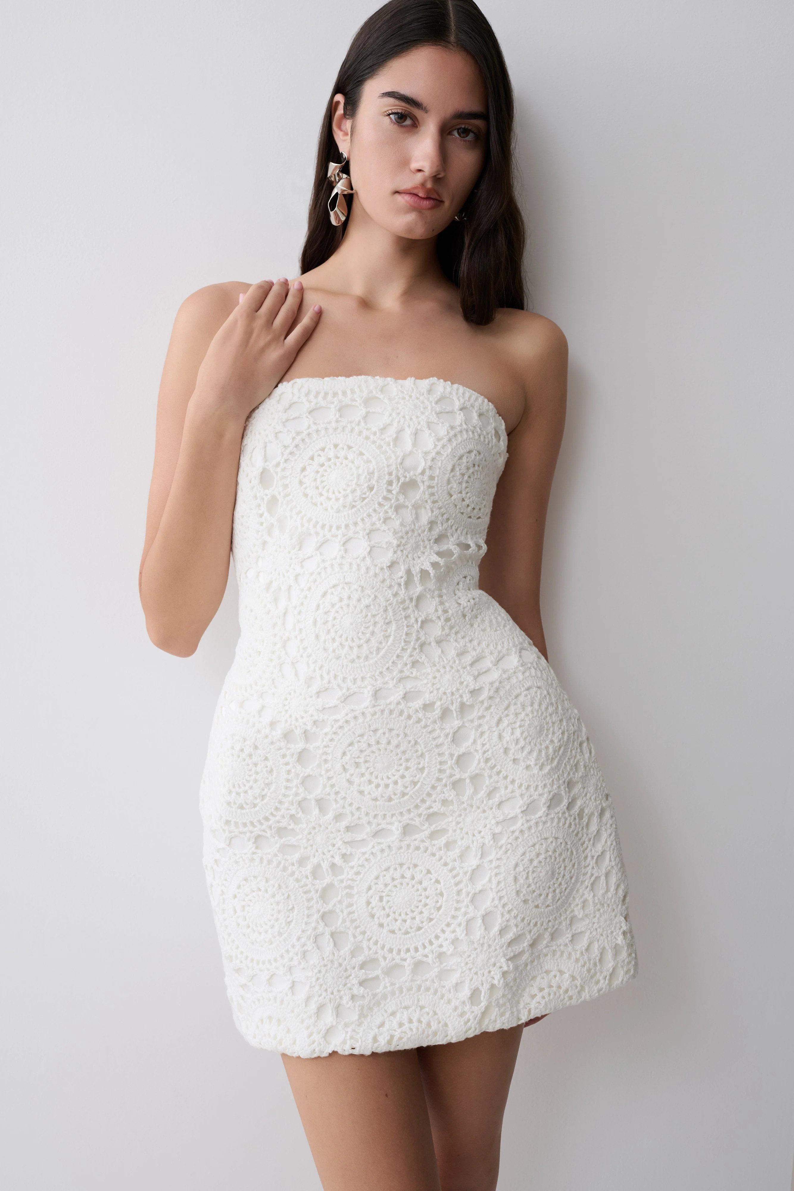 Stasia Strapless Crochet Mini Dress - White | Meshki UK