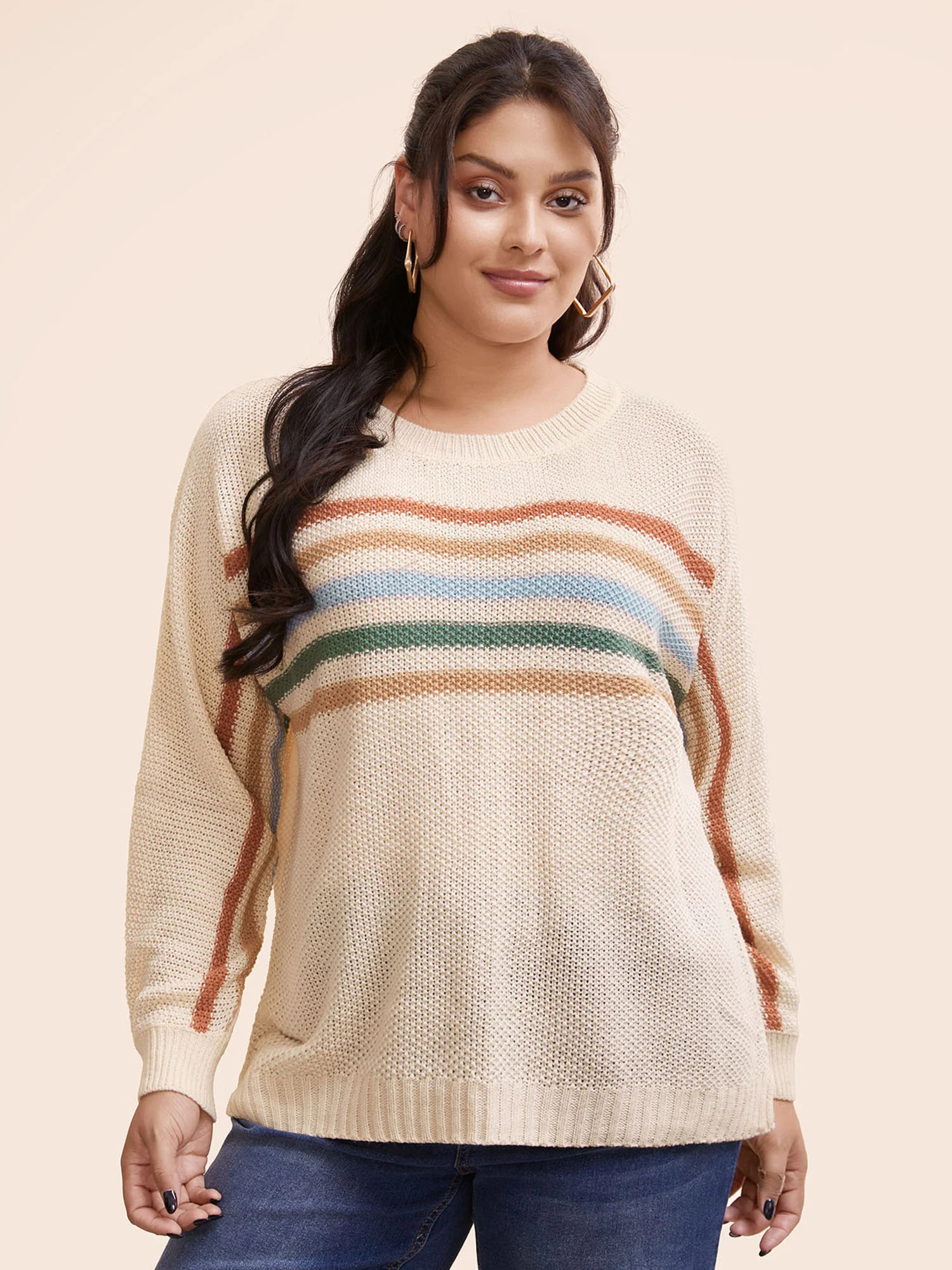 Crew Neck Contrast Striped Dolman Sleeve Pullover | Bloomchic