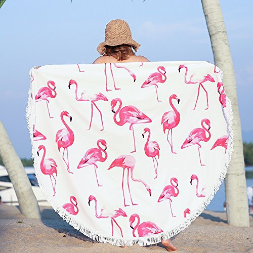 Benefeet Sox Beach Towel Large Round Beach Blanket Microfiber Quick Dry Beach Towels Tassels Throw Bohemian Roundie Swim Pool Circle Towel, 59 Inches, Pink White Flamingo | Amazon (US)