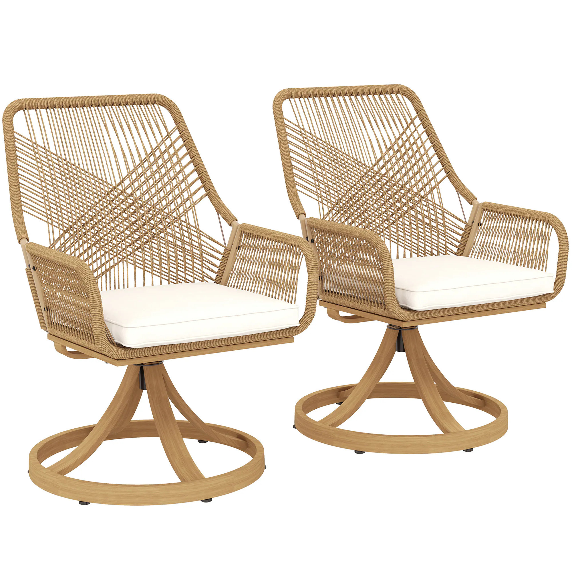 Outsunny Swivel Patio Chairs Set of 2 Rattan Outdoor Patio Dining Chairs with Soft Cushions and Metal Frame for Backyard Lawn Porch or Garden Khaki | Lowe's