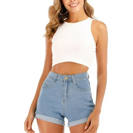 Women’s High Waist Denim Shorts Rolled Cuff Washed Short Jeans | Walmart (US)