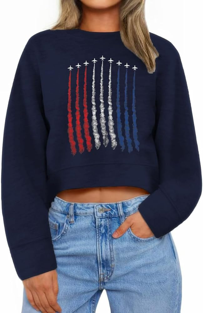 Ymoshoe 4th of July Sweatshirts For Women USA Cropped Sweatshirt American Flag Sweaters Long Slee... | Amazon (US)