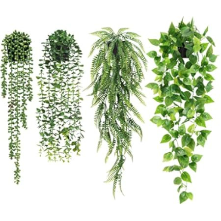 Artificial Hanging Plants, 4 Pack Fake Hanging Plant Fake Potted Greenery Plants Faux Eucalyptus ... | Amazon (US)