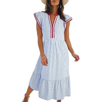 Dokotoo Womens Dresses 2026 Summer V-Neck Ruffle Cap Sleeve Empire Waist Flowy Striped Beach Midi... | Amazon (US)