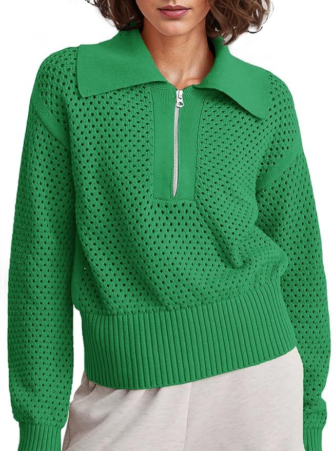 Women's Half Zip Pullover Sweaters Crochet Lapel Collar Long Sleeve Knit Solid Color Jumper Tops | Amazon (US)