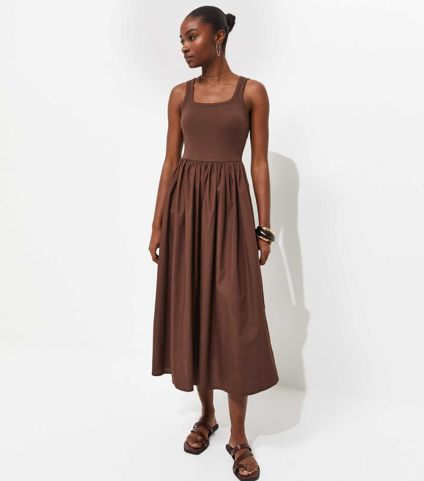 Dark Brown 2-In-1 Poplin Midi Dress | New Look | New Look (UK)