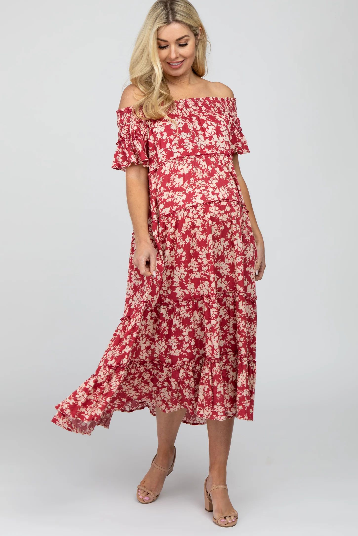Red Floral Off Shoulder Tiered Maternity Dress | PinkBlush Maternity