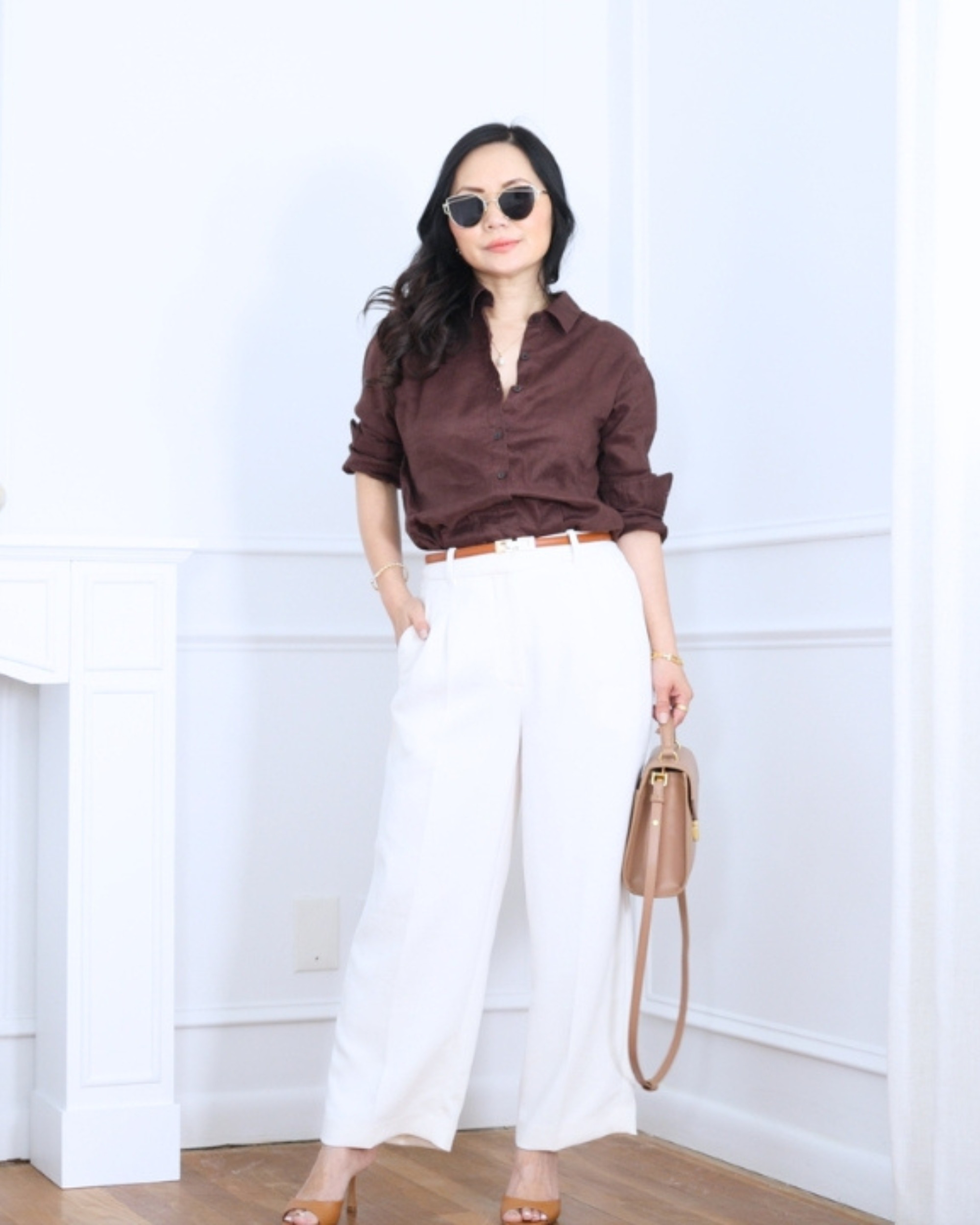 Linen shirt from Uniqlo paired with white pants from Aritzia — crisp, timeless, and effortlessly elegant. A simple look that feels fresh, polished, and perfect for warm days when you want to keep things easy. I'm 5'2, wearing size S. 

 #LTKootd #LTKOver40 #LTKPetite