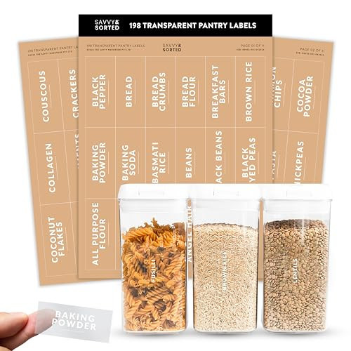 SAVVY & SORTED Pantry Labels for Food Containers, 198 Modern Font Kitchen Labels for Containers on Clear Sticker, Waterproof Scratch Resistant, Organize Pantry Essentials | Amazon (US)