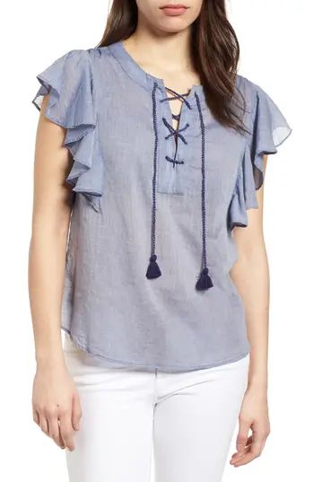Women's Caslon Flounce Sleeve Lace-Up Blouse, Size X-Small - Blue | Nordstrom