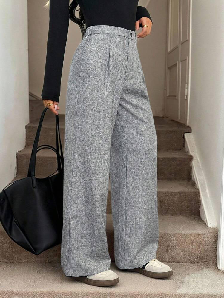 SHEIN PETITE Teacher Outfits Women Gray Fold Pleated Elegant Trousers With Pockets, Autumn/Winter Grey Pants High Waisted Pants Wide Leg Pants Loose Pants Oversized Pants Grey Pants Business Professional Women Baggy Pants Wide Leg Women Pants Fall Women Clothes Winter Clothes Women Going Out Bottoms | SHEIN